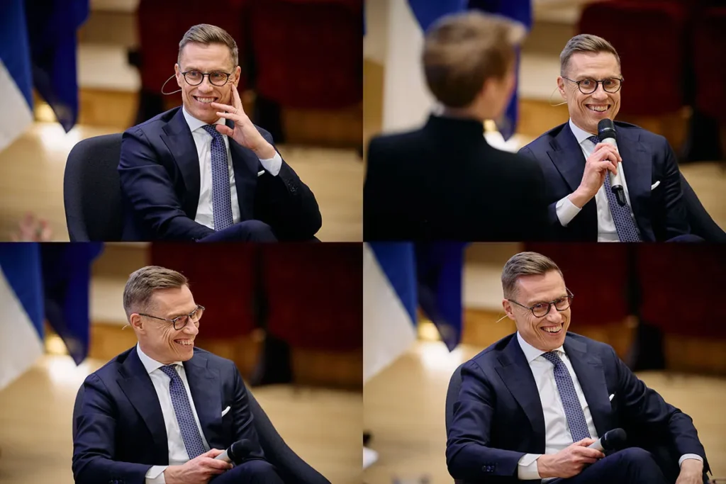 Four pictures of President of the Republic of Finland Alexander Stubb laughing at the University of Helsinki